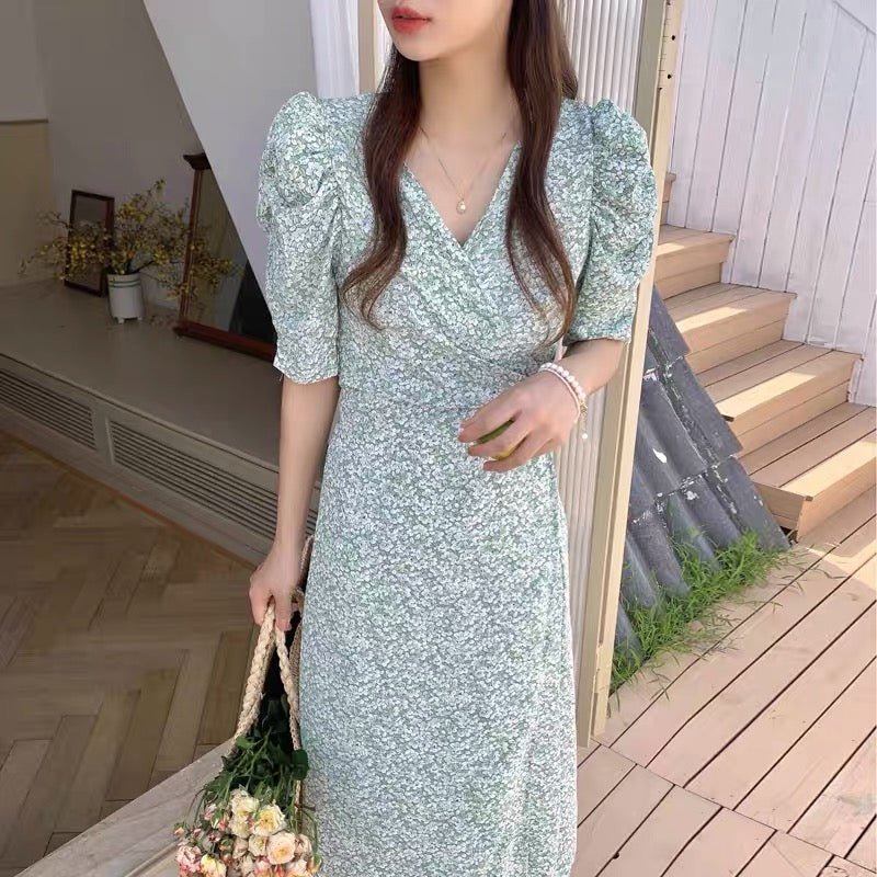 Korean Style Floral Printed V-Neck Wrap Dress