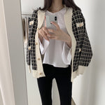 V-Neck Oversized Plaid Cardigan with Gold Button