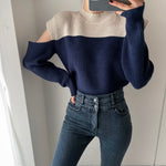 Color Block Cold Shoulder Mock Neck Knitted Sweater