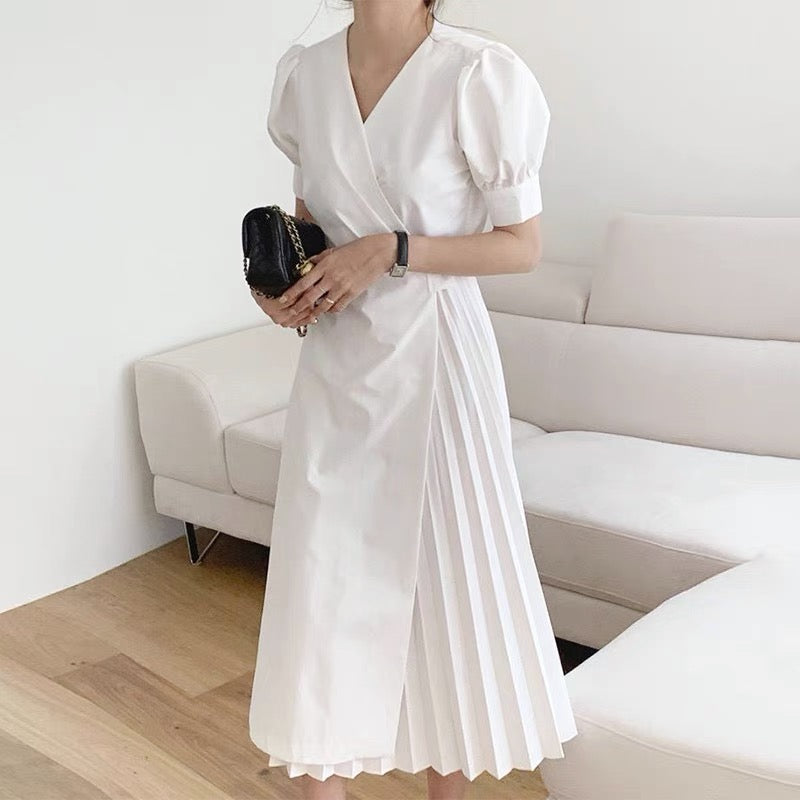 Pleated Wrap Style White Midi dress