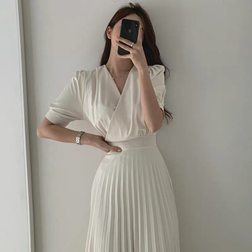 Short Sleeve V-Neck High Waist Pleated Midi Dress