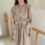 Matcha Green / Beige V-Neck Belted Dress with Pockets