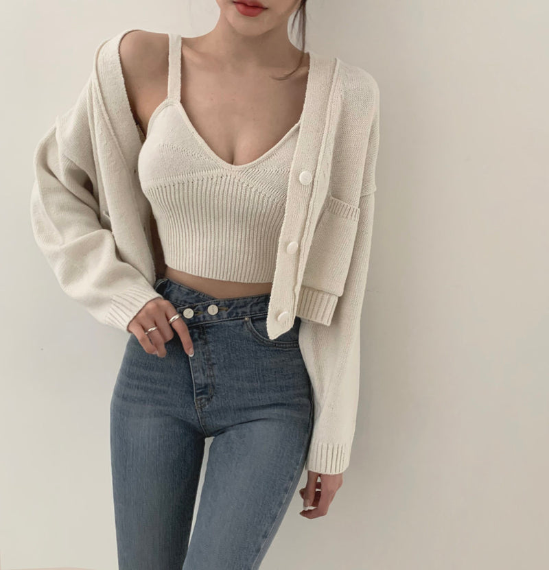 Korean Style V-Neck Long Sleeve Cardigan Set