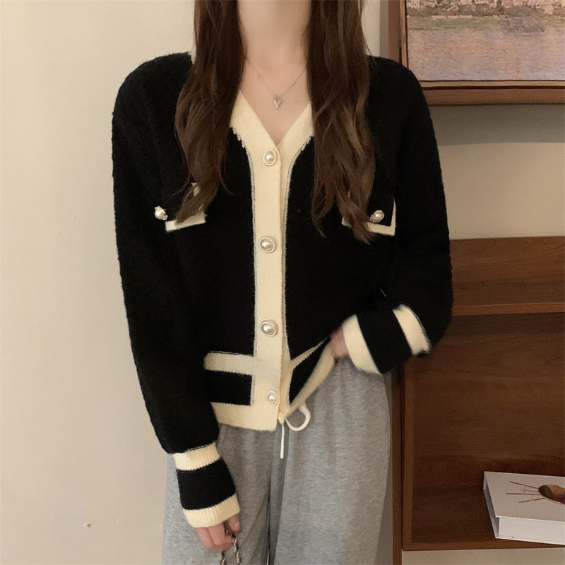 Color Contrast Diamond Knit Cardigan