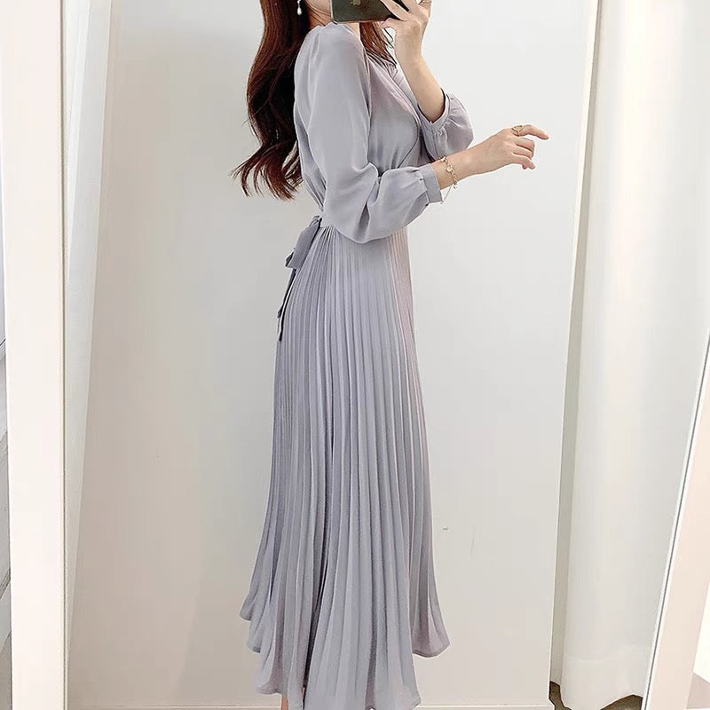 Long Sleeve Belted Pleated Chiffon Midi Dress