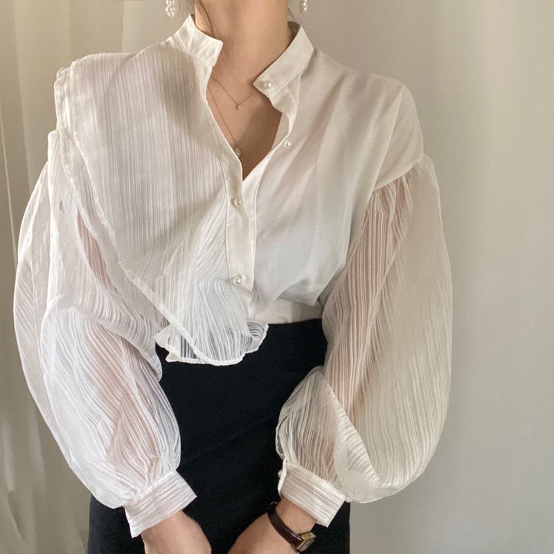 Designer Organza Sleeves Button-Up Blouse