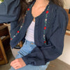 Long Sleeve Round Neck Pleated Cotton Blouse with Flower Embroidery