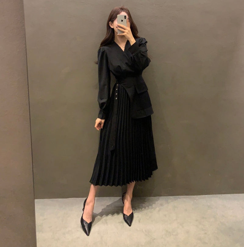 Designer OL One Piece Pleated Suit Dress