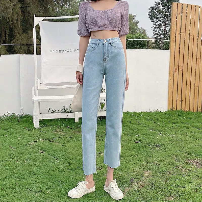 High-Waist Straight Leg Blue Washed Jeans