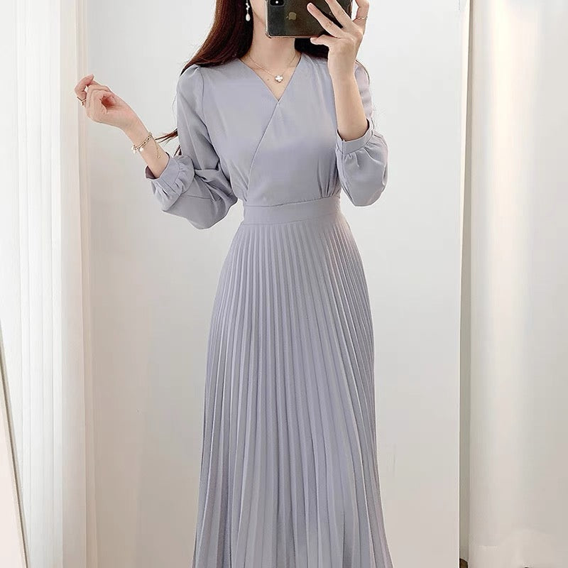 Long Sleeve Belted Pleated Chiffon Midi Dress