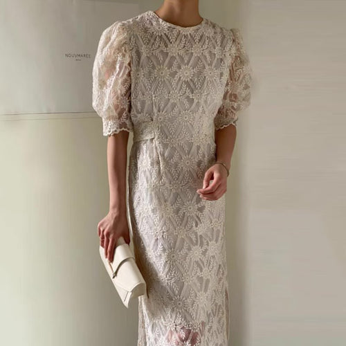 Round Neck Belted Lace Midi Dress