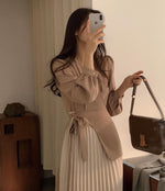 Light Tan Color Block V-Neck Long Sleeve Pleated Midi Dress