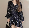 Floral V-Neck Side Drawstring Long Sleeve Dress