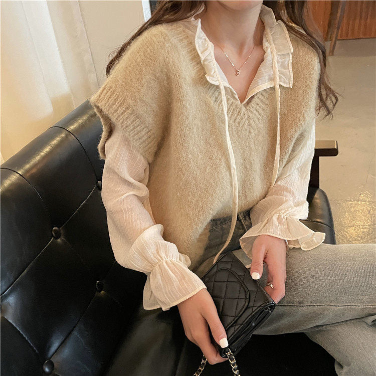 Chiffon Long Sleeve Ruffle Tie Neck Blouse with Knit Vest