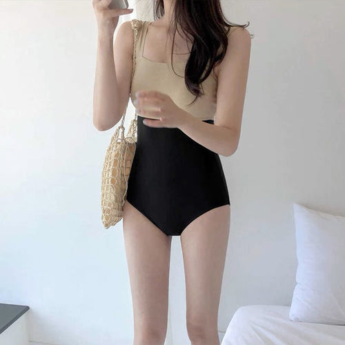 Classic Beige and Black High Waist Swimsuit