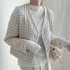 V-Neck Collarless Plaided Tweed Jacket