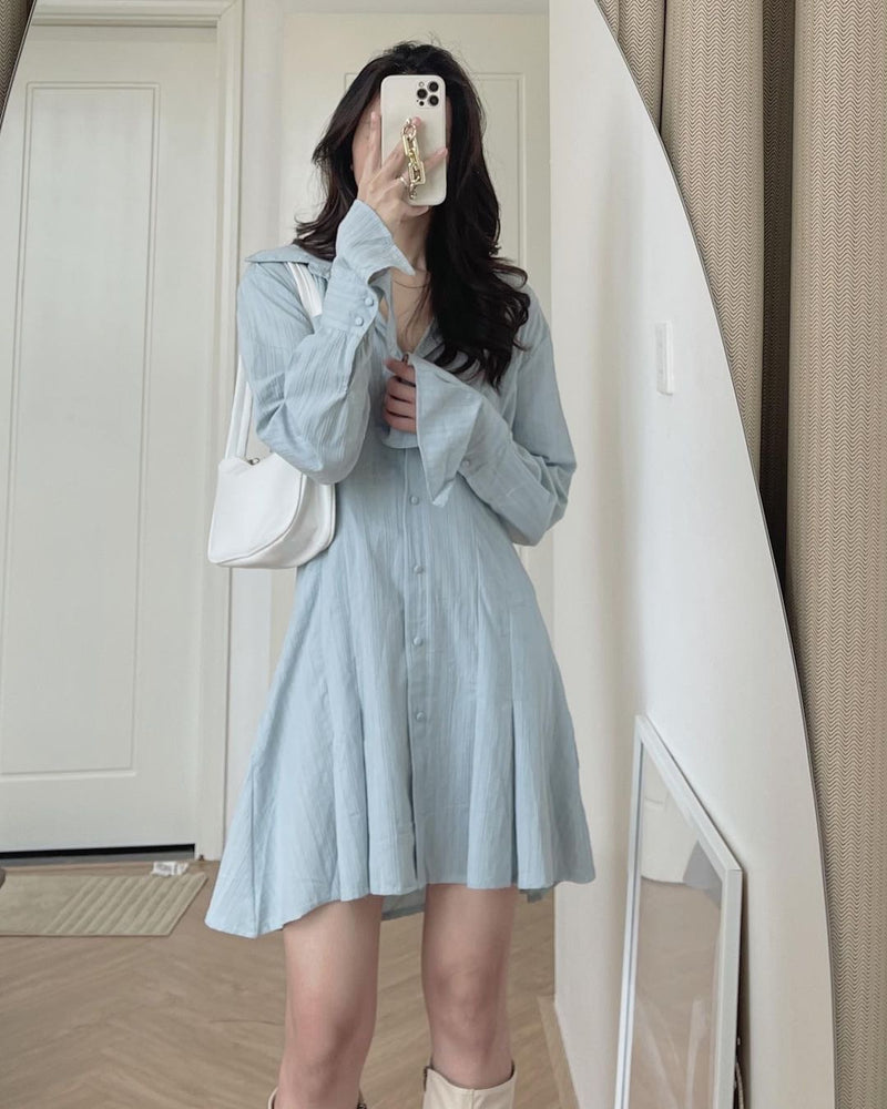 Button-Up Mini Shirt Dress with Frill Cuffs