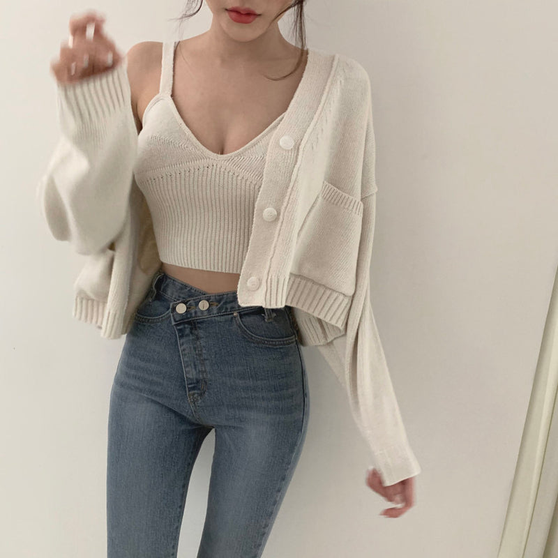 Korean Style V-Neck Long Sleeve Cardigan Set