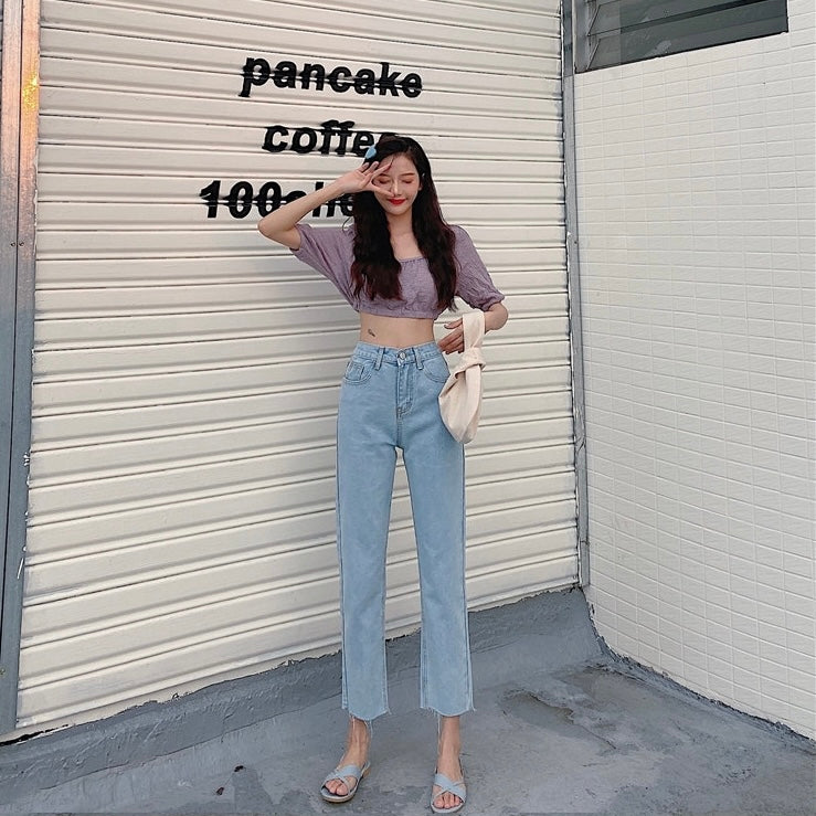 High-Waist Straight Leg Blue Washed Jeans