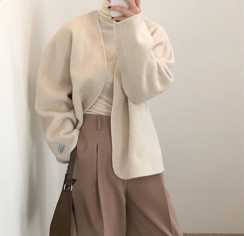 Minimalist Collarless Wool Blend Coat with Belt