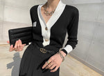 Classic V-Neck Black & White Soft Cardigan with Gold Buttons