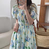 French Romance Light Blue Watercolor Floral Print Smocked Midi Dress