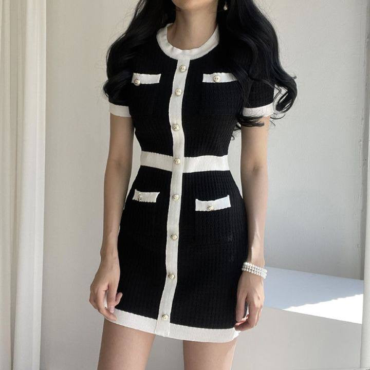 Classic Color Block Knitted Fitted Mini Dress