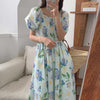 French Romance Light Blue Watercolor Floral Print Smocked Midi Dress