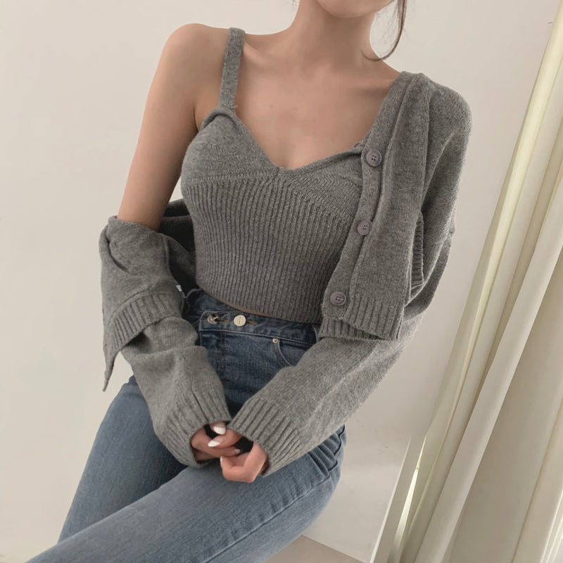 Korean Style V-Neck Long Sleeve Cardigan Set