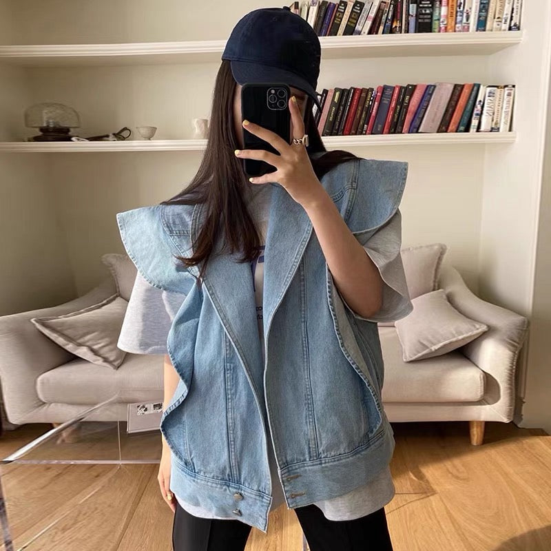 Denim Cap Sleeve Shawl Collared Vest