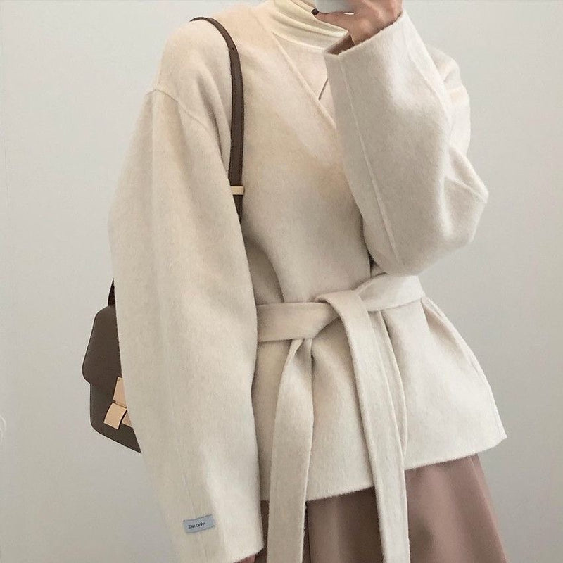 Minimalist Collarless Wool Blend Coat with Belt