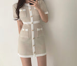 Classic Knitted Fitted Mini Dress with Shiny Metal Buttons