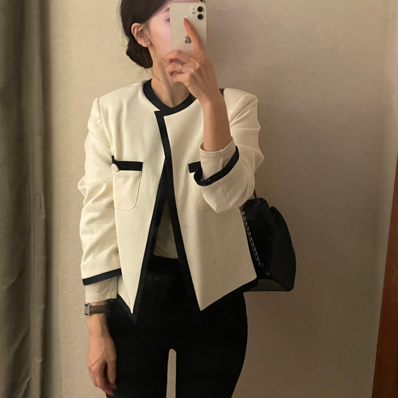 Classic Black & White Contrasting Trim Round Neck Open Front Jacket