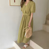 Matcha Green / Beige V-Neck Belted Dress with Pockets