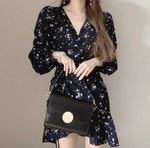 Floral V-Neck Side Drawstring Long Sleeve Dress