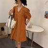 Minimalist Pumpkin-Colored Puffed Sleeve V-Neck Cotton Mini Dress