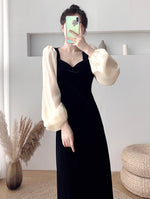 Black Velvet Dress with Organza Puffed Sleeves