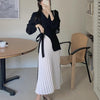 Black & White V-Neck Suit white Pleated Midi Dress