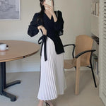 Black & White V-Neck Suit white Pleated Midi Dress