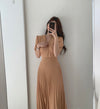 Short Sleeve V-Neck High Waist Pleated Midi Dress