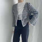 V-Neck Collarless Plaided Tweed Jacket