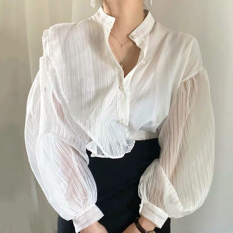 Designer Organza Sleeves Button-Up Blouse