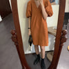 Minimalist Pumpkin-Colored Puffed Sleeve V-Neck Cotton Mini Dress