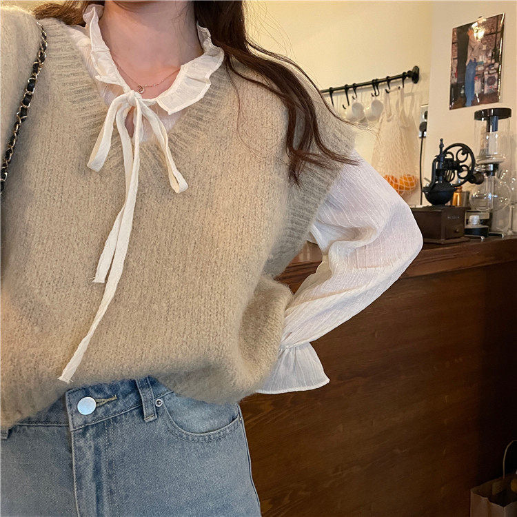 Chiffon Long Sleeve Ruffle Tie Neck Blouse with Knit Vest