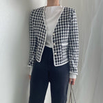 V-Neck Collarless Plaided Tweed Jacket