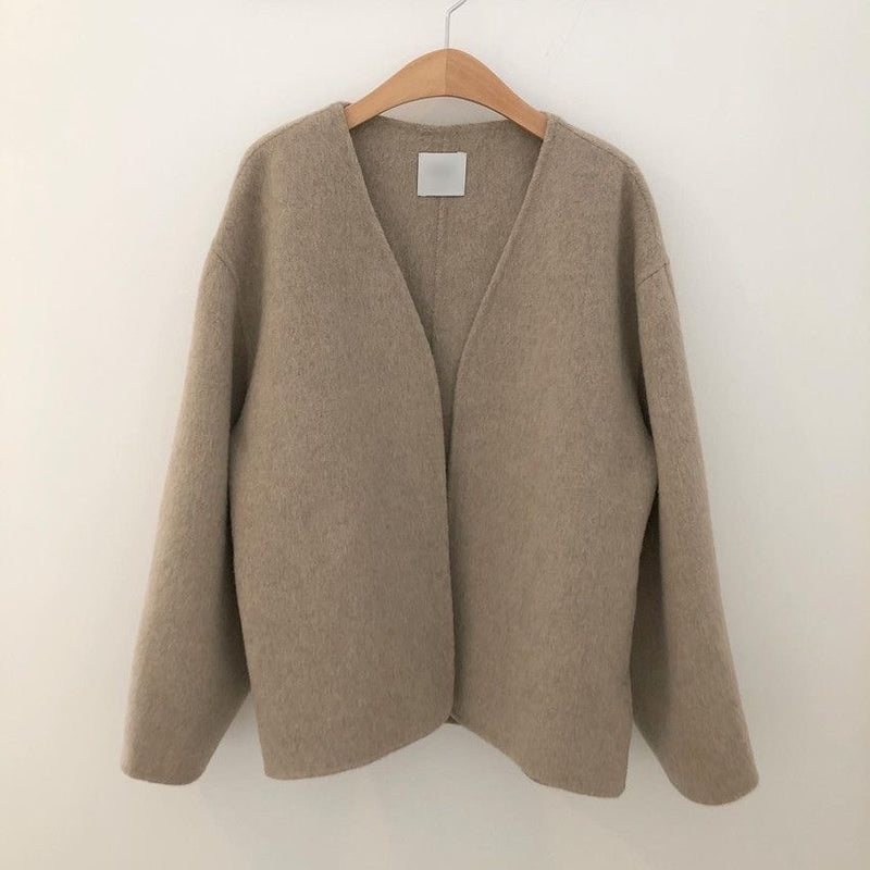 Minimalist Collarless Wool Blend Coat with Belt