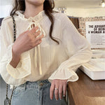 Chiffon Long Sleeve Ruffle Tie Neck Blouse with Knit Vest