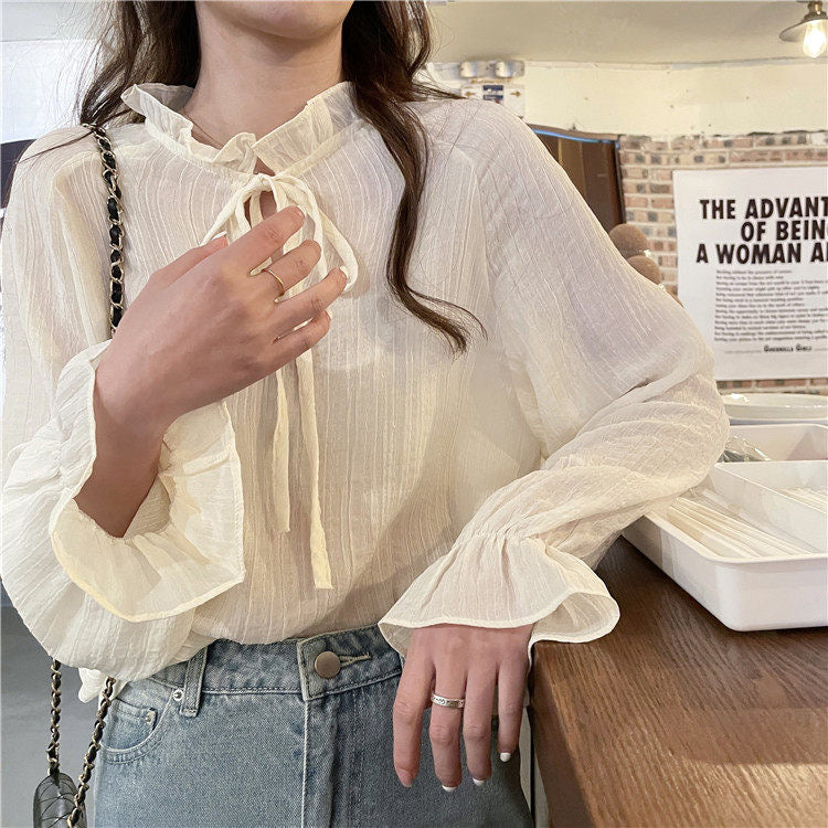 Chiffon Long Sleeve Ruffle Tie Neck Blouse with Knit Vest