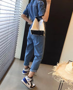 Short Sleeve Blue Denim Utility Jumpsuit