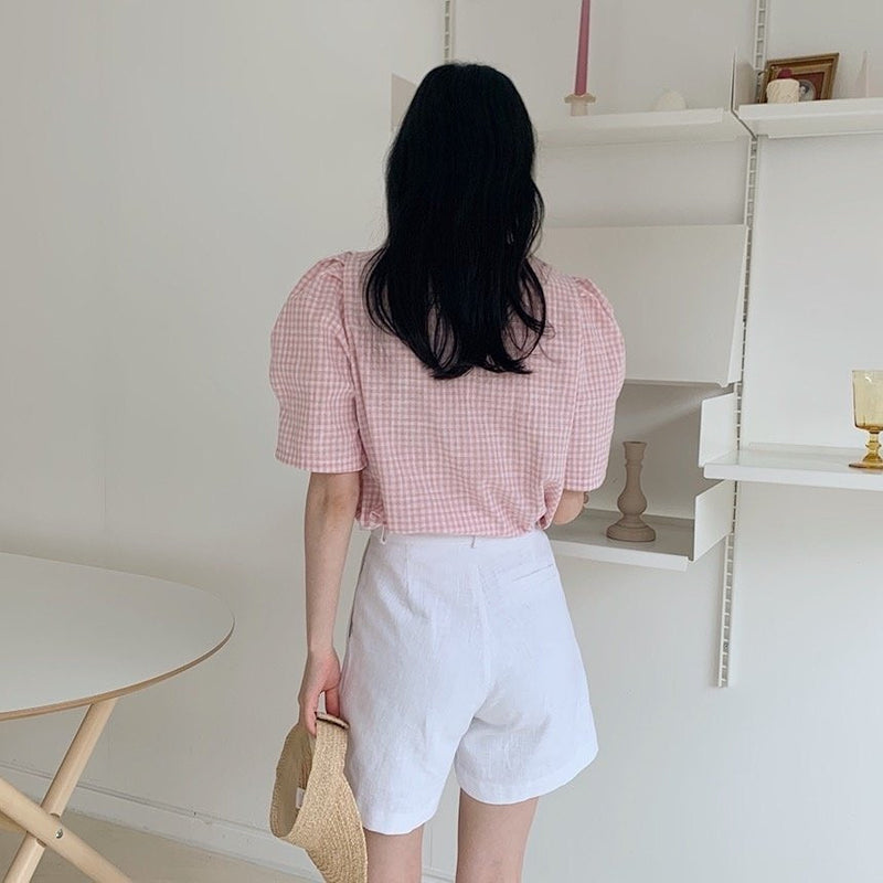 Square Neck Gingham Check Short Sleeve Blouse – MyDearCloset